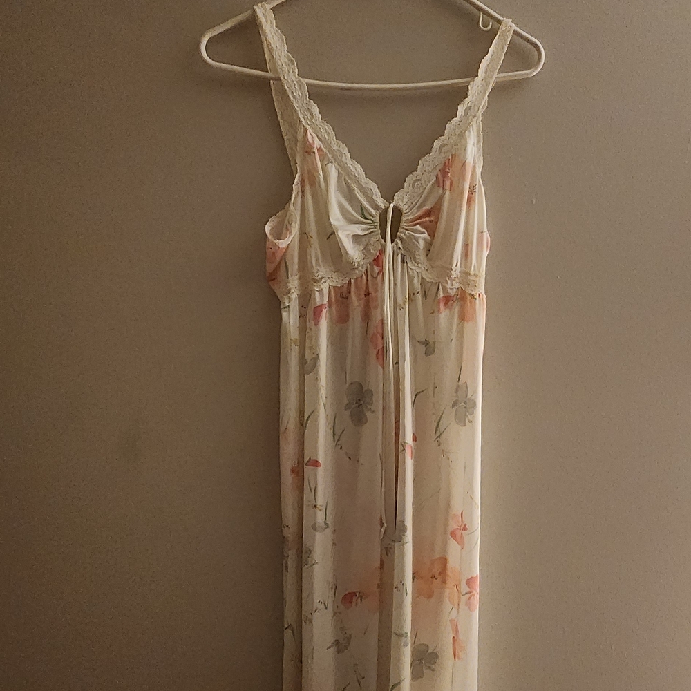 Womens M Vintage Miss Elaine Floral Antron Nylon Lace Nap Dress Sleeveless  Maxi